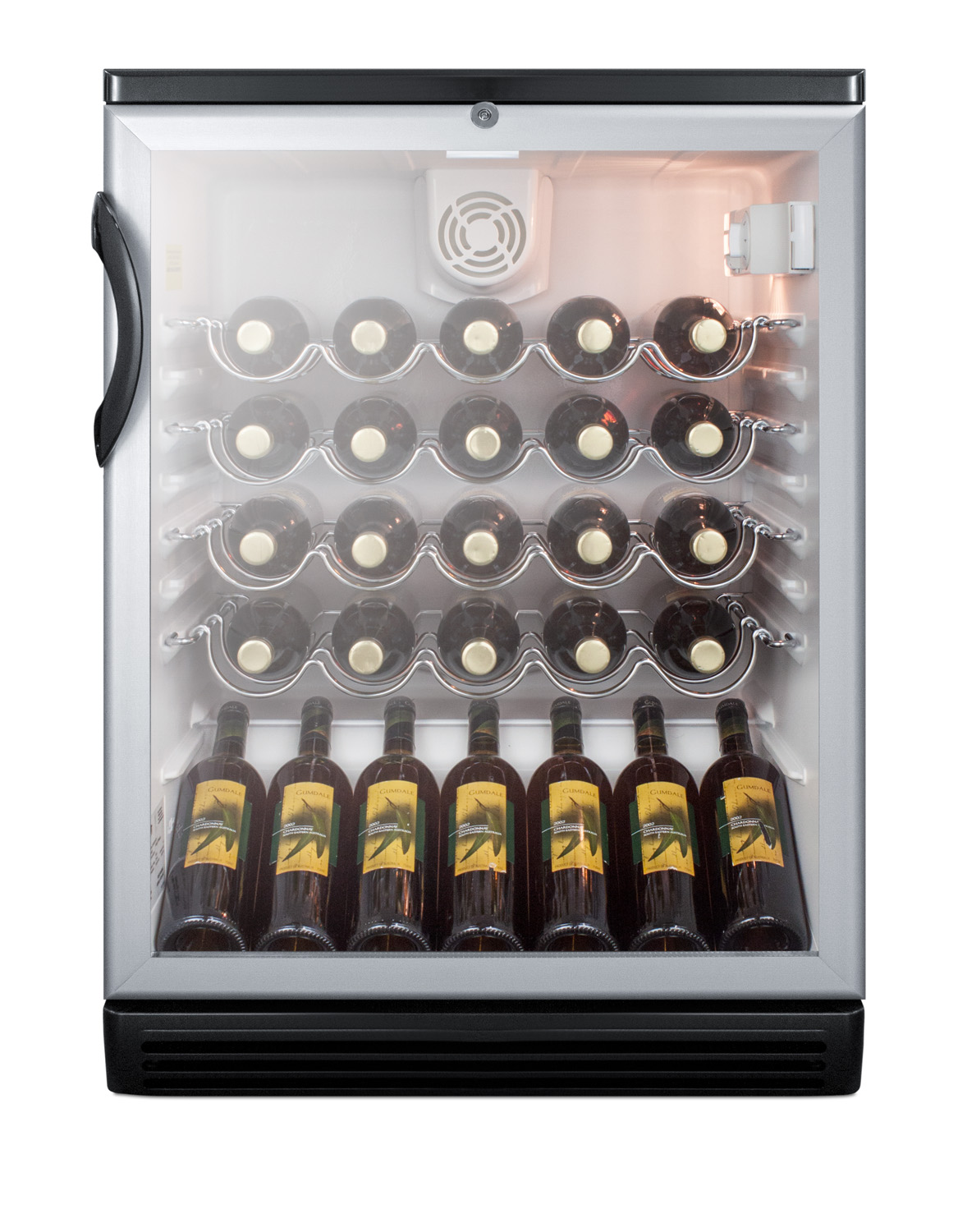 Commercially approved wine cellar for freestanding use with glass door, lock, and black cabinet